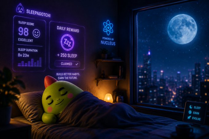 The image shows a cartoon green dinosaur sleeping peacefully in bed with a city skyline visible through an open window behind him, creating a serene nighttime scene. The caption suggests that the image could be used as part of a Web3 project focused on improving sleep habits or promoting better sleep hygiene. This idea is based on the fact that many people genuinely want to improve their sleep patterns and are willing to try new methods for achieving this goal. By incorporating elements like the cartoon dinosaur, nighttime cityscape, and the concept of a "most people see Sleepagotchi as an airdrop," the project could potentially engage users by appealing to their desire for better sleep habits while also providing them with a fun and relatable experience.
