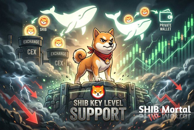 A Shiba Inu stands guard atop a fortress labeled "SHIB KEY LEVEL SUPPORT," flanked by whales transferring tokens from "EXCHANGE CEX" to a "PRIVATE WALLET," visually reinforcing the post's message of bullish whale accumulation and strong community support at critical price levels for $SHIB.