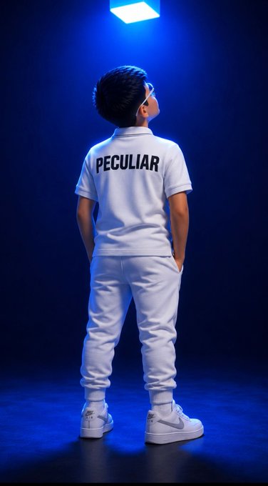 A 3D-rendered figure stands under a blue spotlight wearing a white outfit with "PECULIAR" printed on the back.