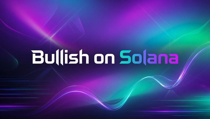 A colorful promotional graphic with neon purple, pink, and teal hues displaying the text 'Bullish on Solana' in stylized lettering.