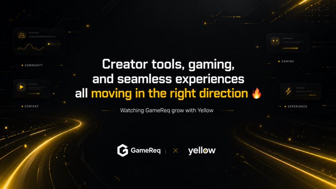 The image features a black background with yellow lines, which are used as a backdrop for text that reads "Creator tools, gaming, and seamless experiences all moving in the right direction Watching GameReq grow with @yellow #GameReqOfficial @yellow #GameReq". The main focus of the image is on the text and its relationship to the overall theme.