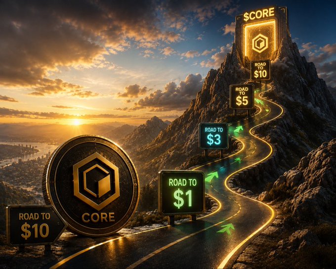 AI-generated promotional image for a cryptocurrency called 'CORE' featuring a golden coin and a mountain road with milestones labeled 'ROAD TO $1' through 'ROAD TO $10' and 'SCORE'.
