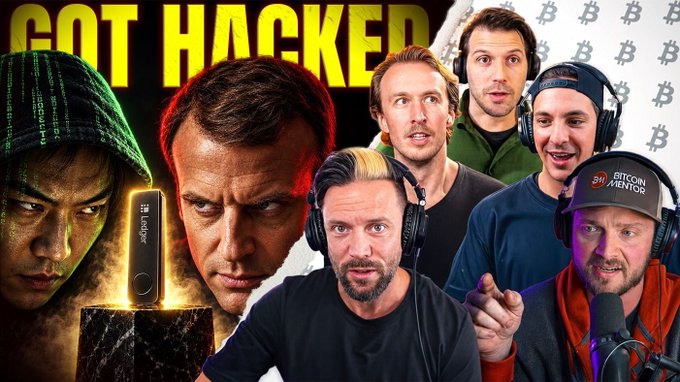 A YouTube thumbnail titled 'GOT HACKED' featuring four men in the foreground wearing headsets (one with a 'BITCOIN MENTOR' cap), with movie-style images of hackers and Bitcoin symbols scattered in the background.