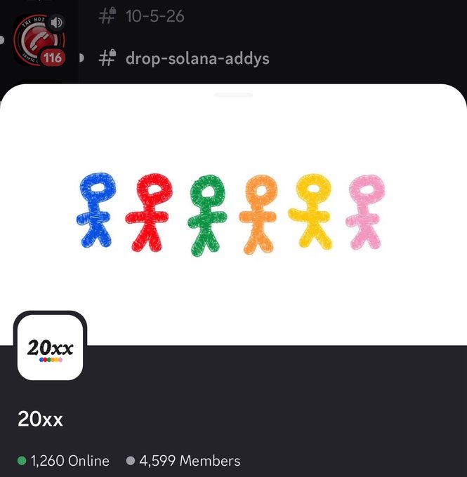 A Discord server display for '20xx' showing colorful figure icons and member statistics of 1,260 Online and 4,599 Members.