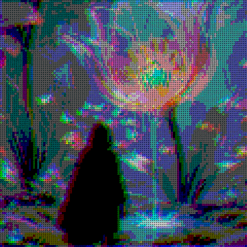 A pixelated, multicolored digital artwork depicts a dark silhouetted figure standing before a vibrant, glitch-like cosmic landscape of swirling neon hues. The visual's intense, distorted energy mirrors the post's invitation to "Feel what's around you," evoking a sensory immersion in an otherworldly environment.