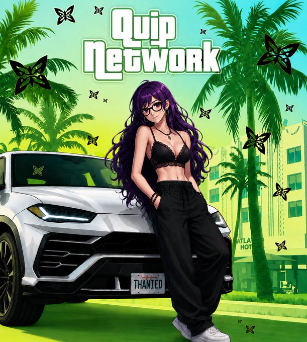 The image features a woman posing next to a white Lamborghini sports car, with palm trees behind her. The background of the image includes various butterflies flying around, adding a whimsical touch to the scene. The caption below the image reads "While most people are still burning energy solving useless hashes... @quipnetwork is doing the opposite. Here, every unit of energy turns into real value: system optimization ... artificial intelligence ... complex simulations ... logistics ... arbitrage ... financial modeling". This suggests that the woman in the image represents a character or concept associated with Quip Network, who is working against the traditional notion of energy being wasted on useless tasks and instead focuses on creating value through various means.