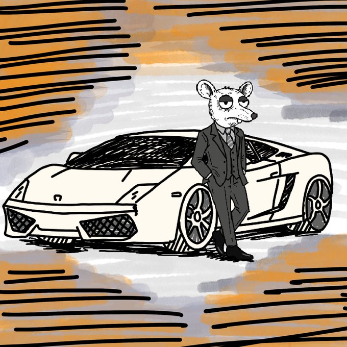 An illustrated anthropomorphic mouse in a sharp business suit leans coolly against a sleek white sports car against an orange streaked background, conveying wealth and sophistication to hype the OMR EVO token airdrop and holder snapshot announcement.