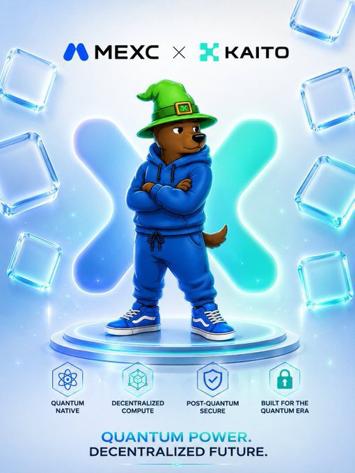 A promotional graphic for 'MEXC × KAITO' featuring a cartoon bear mascot wearing a green wizard hat and blue tracksuit, with feature icons including 'Quantum Native', 'Decentralized Compute', 'Post-Quantum Secure', and 'Built for the Quantum Era'.