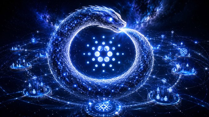 A digital artwork depicting a glowing, cosmic ouroboros (serpent eating its own tail) surrounding the Cardano (ADA) logo against a starry blue space background.