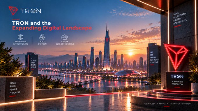 A promotional banner for TRON displays 'TRON and the Expanding Digital Landscape' against a futuristic city skyline at sunset, featuring text like 'A MORE CONNECTED DIGITAL WORLD' and 'IDEAS BUILD PEOPLE PROGRESS'.