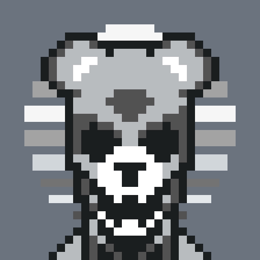 A pixel art style illustration of a gray and black monkey or ape character with white horizontal stripes on the background.