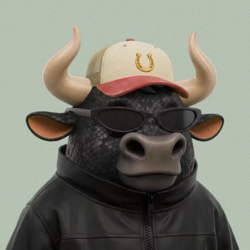 A 3D-rendered cartoon bull wearing sunglasses, a black leather jacket, and a beige cap with a horseshoe logo, set against a pale green background.