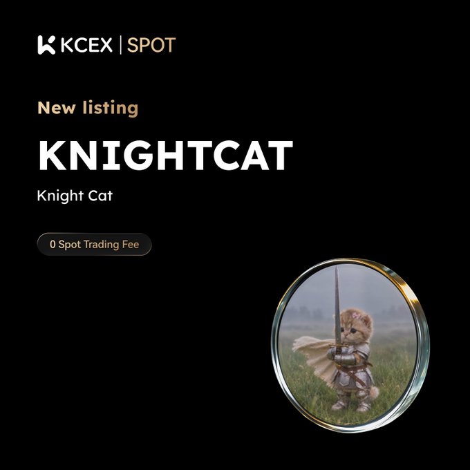 A black promotional graphic announcing a new listing on 'KCEX | SPOT' for 'KNIGHTCAT' (Knight Cat) with '0 Spot Trading Fee,' featuring a kitten dressed as a knight holding a sword.