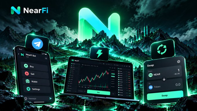 A promotional graphic for 'NearFi' showing a mobile app interface with Buy/Sell/Wallet/Settings options, a laptop displaying a trading chart, and a Swap interface, all set against a dark, mountainous digital landscape with a large green 'N' logo.