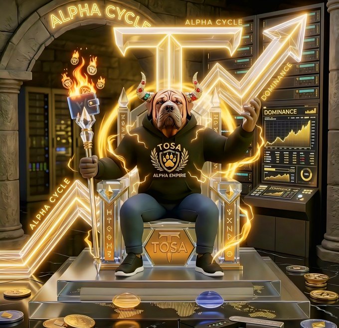 A digital illustration of a bulldog wearing a 'TOSA ALPHA EMPIRE' hoodie, sitting on a golden throne holding a flaming torch and an arrow, with 'ALPHA CYCLE' and 'DOMINANCE' text in the background.