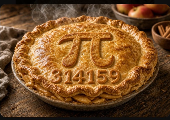 A freshly baked golden pie with the pi symbol (π) and the number 3.14159 embossed into its crust, with steam rising from it on a wooden table.