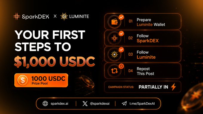 The image shows a black background with an advertisement for a Bitcoin wallet service called "SparkDEX x Luminite" that includes information about a contest, prizes, and steps needed to participate.