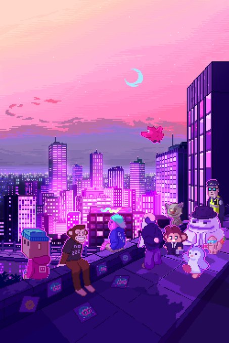 A pixel art cityscape at sunset featuring anthropomorphic animal characters (including monkeys, a panda, and a bear) sitting on a rooftop overlooking a neon-lit skyline with a crescent moon.