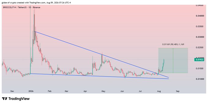 The image shows a TradingView daily candlestick chart for BROCCOLI714/USDT on Binance, with the price (0.0193) bouncing from the lower trendline of a large descending triangle pattern and breaking upward, currently up 37% (90.48% gain) as projected in the post.