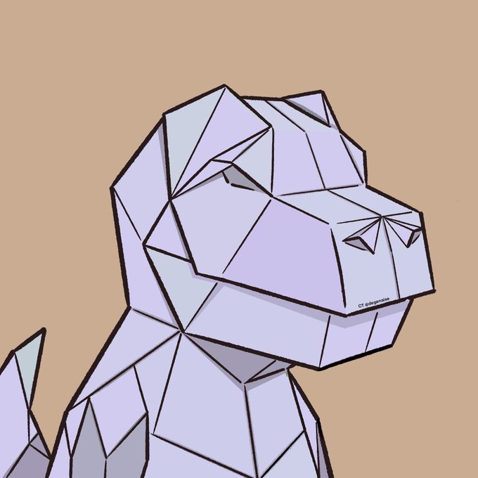 A digital illustration of a low-poly, geometric silver and purple character resembling a Pokémon, with the text 'OT dangerous' visible on its side.
