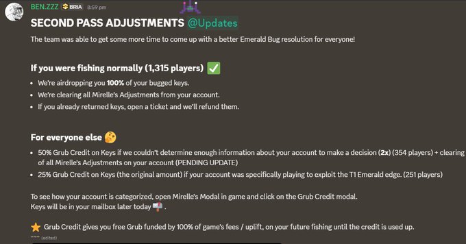 A Discord announcement screenshot from user BEN_ZZ in the #announcements channel titled "SECOND PASS ADJUSTMENTS @Updates," detailing Grub Credit resolutions for the "Emerald Bug" affecting 1,315 players who were fishing normally and others who were not.