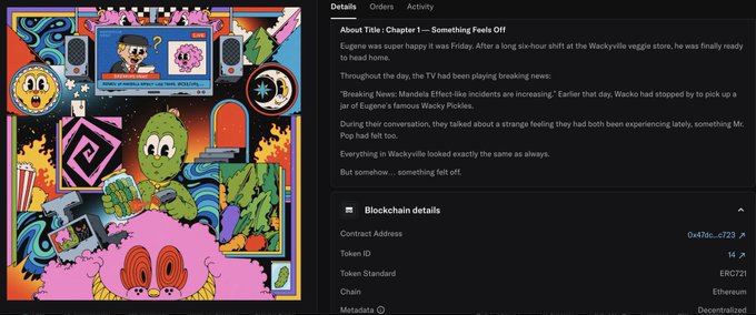A digital art piece on an NFT marketplace page titled 'Chapter 1 - Something Feels Off' about 'Eugene,' featuring colorful surrealist artwork on the left and blockchain details including Token ID 14 on the right.