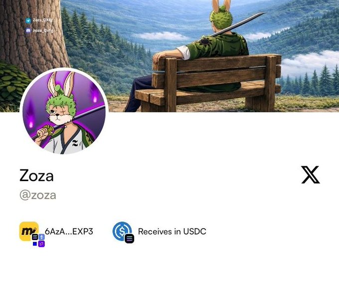 The image features a post from someone named Zoa that includes a photo of themselves sitting on a wooden bench with their legs crossed, holding a sword. The post also contains text about sharing their Moove account with others and encourages users to share their own posts as well.