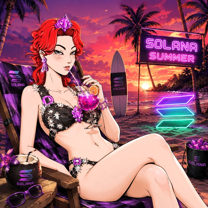 An anime-style illustration of a red-haired woman in a purple Solana bikini drinking a cocktail on a beach at sunset, with a neon 'SOLANA SUMMER' sign, a Solana surfboard, and purple crystals nearby.