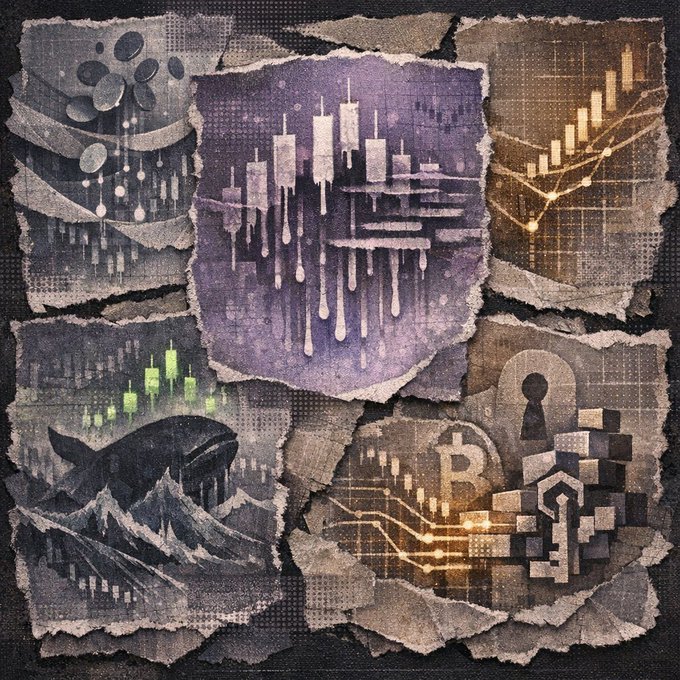 Collage-style artwork of torn paper pieces displaying cryptocurrency charts, candlestick patterns, a whale, mountains, Bitcoin symbol, and circuit board graphics.