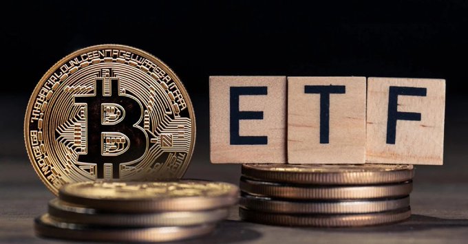 A Bitcoin coin is shown next to wooden blocks spelling "ETF". This image relates to the post by visually representing Bitcoin ETFs, the subject of the financial news.