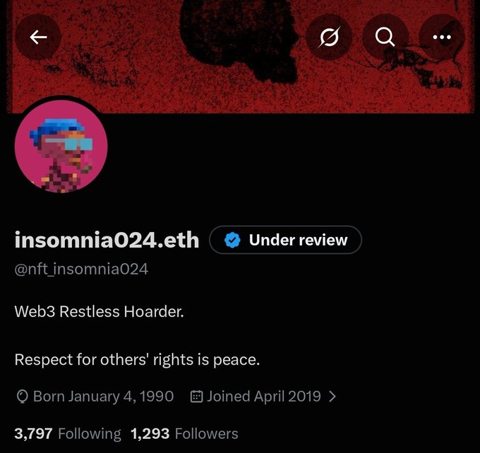 A social media profile for 'insomnia024.eth' (@nft_insomnia024) with a verified 'Under review' status, bio reading 'Web3 Restless Hoarder. Respect for others' rights is peace.', showing 3,797 Following and 1,293 Followers.