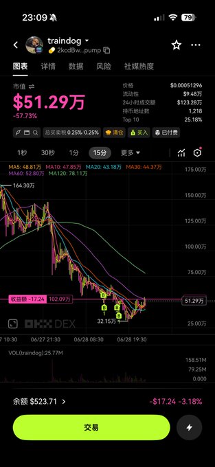 A screenshot of a cryptocurrency trading app showing the "traindog" (2kcdBv) meme coin on the Solana chain, displaying a market cap of $51.29万 (down 57.73%) and price of $0.00051296, with a price chart that has dropped significantly to a 24-hour low of $0.00031724. The image illustrates the post's mention of buying the "车头狗" (train dog) meme coin, though the chart shows it has suffered major losses during the recent SOL on-chain bull run.
