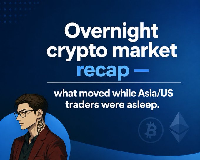 The image is a graphic featuring an illustrated man with glasses and a neck tattoo wearing a maroon jacket, set against a dark blue background with Bitcoin and Ethereum logos. The bold text reads "Overnight crypto market recap — what moved while Asia/US traders were asleep," which serves as a header for the post summarizing overnight crypto price action, including BTC's tight $112.4K–$113.8K range and ETH's dip toward $4,150.