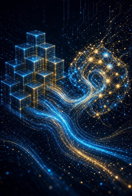 Abstract digital artwork featuring glowing blue cubes and flowing golden and blue light streams against a dark starry background.