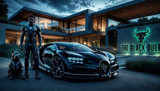 The image features a futuristic armored figure and a robotic dog standing beside a sleek black Bugatti-style hypercar with glowing green accents, in front of a modern mansion displaying "THE BLACK BULL" neon signage. The scene's "Black Bull" branding and bullish imagery visually reinforce the post's $ANSEM "RUSH MONDAY" hype, symbolizing strength and momentum.