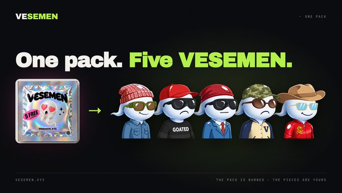A VESEMEN promotional graphic titled 'One pack. Five VESEMEN.' displays a holographic packet on the left and five stylized monkey character avatars in various outfits (beanie with glasses, 'GOATED' shirt with cap, suit with sunglasses, vest, and cowboy hat) on the right.