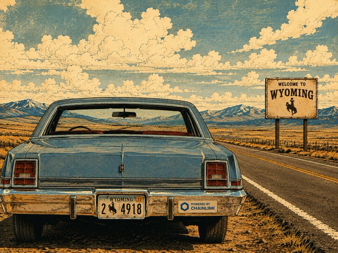 A vintage blue sedan parks along a desert highway beside a "Welcome to Wyoming" sign featuring the state's bucking horse and rider emblem, with the car's license plate reading "WYOMING 4918." The retro Americana scene reinforces the post's message about Chainlink CCIP's suitability for Wyoming's public sector, with the "Powered by Chainlink" badge on the bumper tying the imagery directly to the branding.