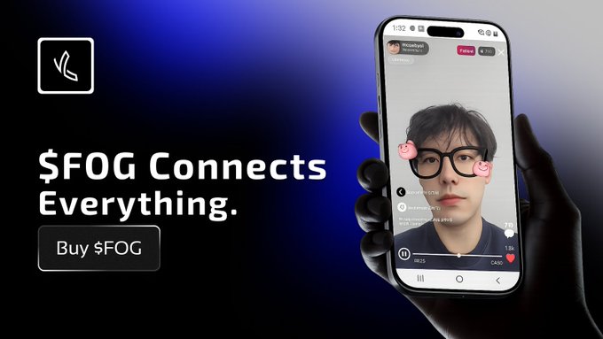 A hand holds a smartphone displaying a social media app with a young man's photo, accompanied by the text "$FOG Connects Everything." and a "Buy $FOG" button, illustrating the coin's role as a unified currency for the FOGNET ecosystem's messaging, media, and payments services.