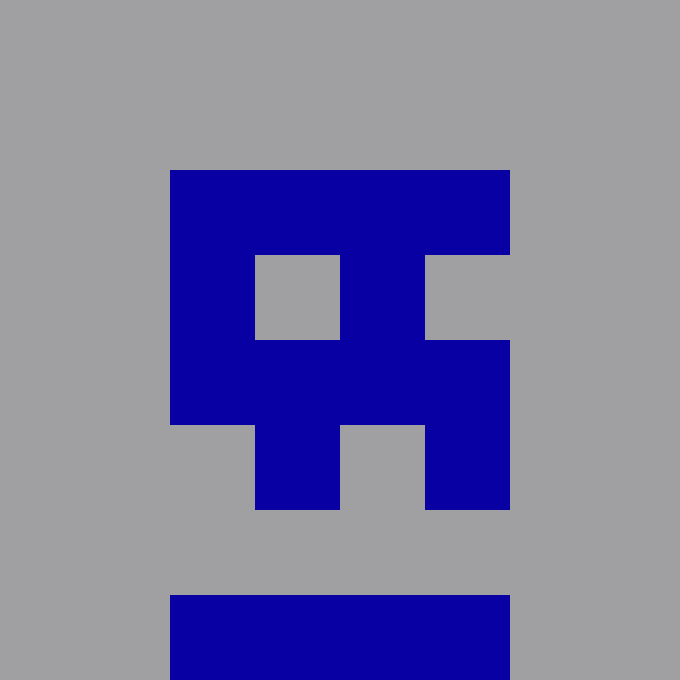 A pixelated blue robot-like character on a gray background.