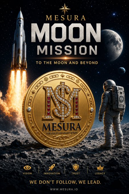 The image features a poster for the coin MESURA, which is associated with the space exploration theme of the movie "Moon Mission". The poster includes an illustration of a rocket launching into space along with a gold coin that says "MESURA" on it. The text in the post emphasizes the importance of the coin and its association with the space mission theme.