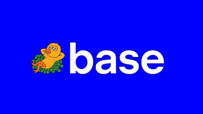 The image shows a logo featuring an orange duck character holding green cash next to the word "base" in white lowercase letters, all set against a bright blue background.