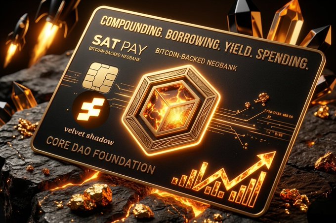 The image features a black Bitcoin-backed neobank card displaying an orange square with a hexagon inside of it, surrounded by various gold rocks or coins scattered around. The text on the card clearly explains that you should not just sit your Bitcoin there but should use it to compound and borrow it for yielding, spending, or other financial transactions. The post highlights the importance of using Bitcoin as a financial tool and demonstrates how it can be accessed through CoreDAO.