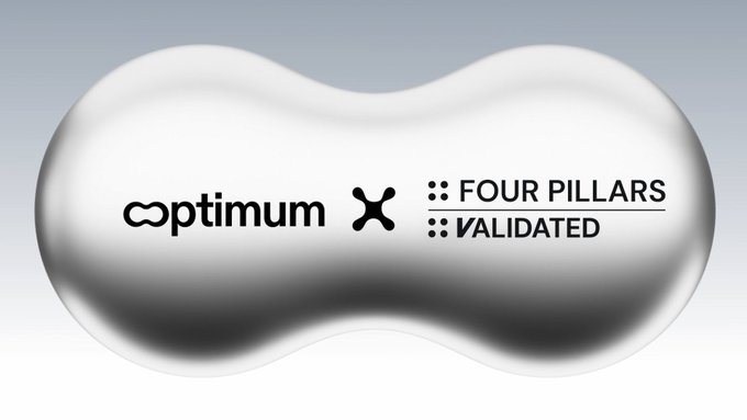 A silver kidney-shaped object displays logos for 'optimum' and 'FOUR PILLARS VALIDATED' separated by an X symbol.