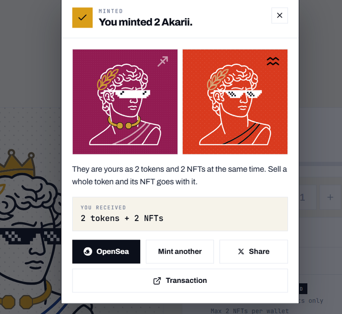 A confirmation screen showing 'MINTED: You minted 2 Akarii,' featuring pixel-art busts of a laurel-crowned figure with shutter shades, noting '2 tokens + 2 NFTs' received, with buttons for 'OpenSea,' 'Mint another,' 'Share,' and 'Transaction.'