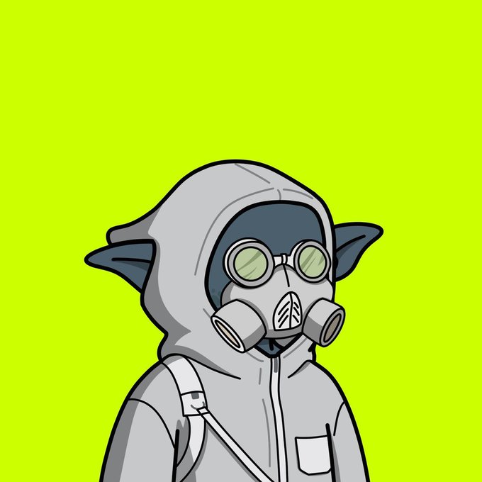 An illustrated character with pointed ears, wearing a hooded grey jacket, goggles, and a respirator mask stands against a bright yellow-green background, fitting the post's appreciation message for the "Still Faces NFT" collaboration.