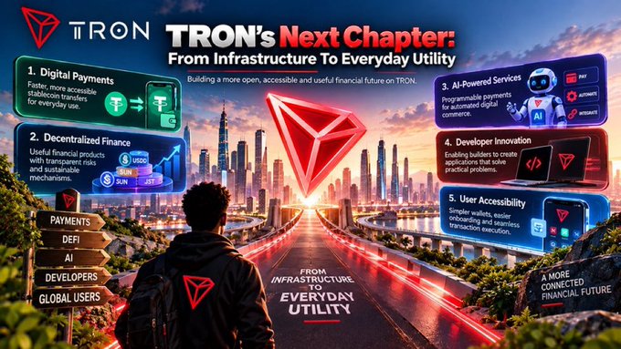 A promotional graphic for TRON cryptocurrency titled 'TRON's Next Chapter: From Infrastructure To Everyday Utility' showing five key features against a cityscape backdrop.