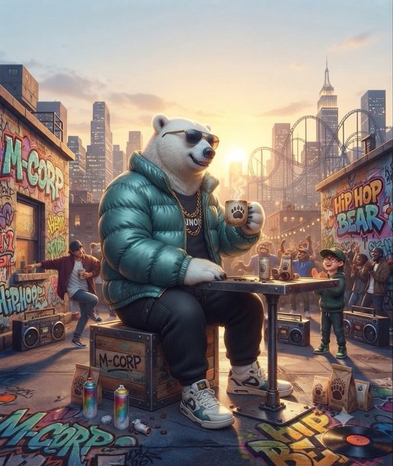 A stylized 3D illustration of an anthropomorphic polar bear wearing sunglasses, a teal puffer jacket, and a gold chain, holding a coffee cup at an outdoor table in a graffiti-covered urban alley labeled 'M-CORP' and 'HIP HOP BEAR,' with a city skyline and roller coaster in the background.