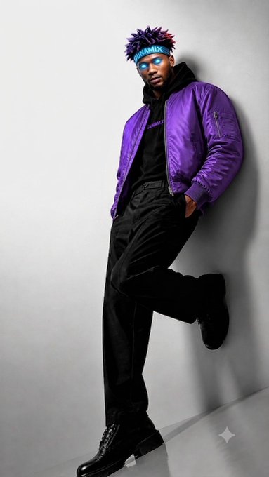 A stylish figure poses against a plain wall, wearing a vibrant purple bomber jacket, dark pants, black boots, blue-tinted sunglasses, and a purple headband displaying the text "ANSE..." (likely "ANSEM"), aligning with the caption's shoutout to $ANSEM on Taco Tuesday.