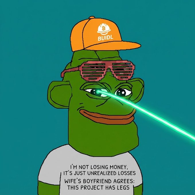 A green Pepe the Frog character wears an orange "BUIDL" hard hat cap and pixelated shutter shades while shooting a green laser from its eye, wearing a white t-shirt reading "I'M NOT LOSING MONEY, IT'S JUST UNREALIZED LOSSES WIFE'S BOYFRIEND AGREES: THIS PROJECT HAS LEGS." The image humorously visualizes the accompanying caption's crypto cope, with Pepe embodying the delusional optimism of bagholders insisting their underwater investments will moon despite personal and financial consequences.