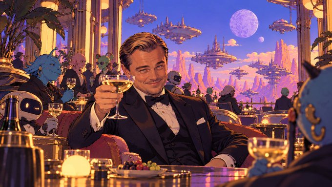A man with a confident smirk raises a champagne glass in a vibrant, futuristic bar filled with robots and floating city ships under a full moon. The image's blend of sophistication and sci-fi adventure mirrors the post's message of pursuing a forward-thinking mission with poise and confidence, as the toast symbolizes a celebratory moment of continuity and ambition in a new quarter.